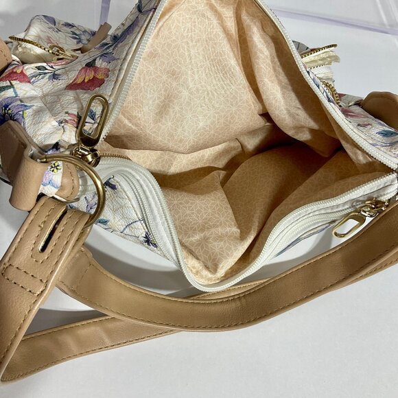 Cream with Tan Flower Print Purse Crossbody / Shoulder - Picture 7 of 15